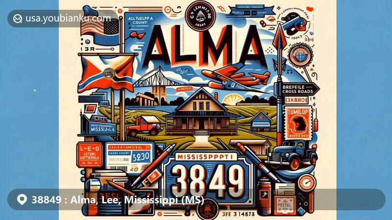 Modern illustration of Alma, Lee County, Mississippi, with ZIP code 38849, featuring state flag, Lee County outline, Tupelo National Battlefield, Brices Cross Roads National Battlefield Site, vintage postcard layout, postage stamp, postmark, and old-fashioned mailbox.