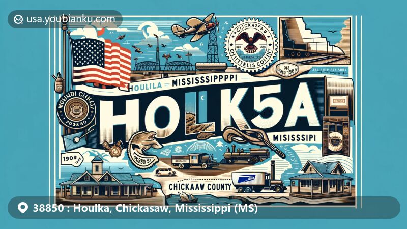 Modern illustration of Houlka, Chickasaw County, Mississippi, highlighting postal theme with ZIP code 38850, featuring Mississippi state flag, Chickasaw County outline, and cultural symbols of Houlka.