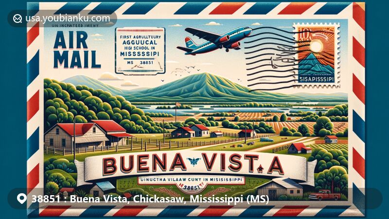 Innovative illustration of Buena Vista, Chickasaw County, Mississippi, showcasing ZIP code 38851, featuring air mail envelope with Mississippi's natural beauty, agricultural heritage, and Buena Vista history.