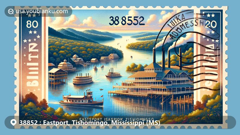 Modern illustration of Eastport, Tishomingo County, Mississippi, highlighting Eastport Marina and Resort on Pickwick Lake, representing water and leisure activities, with nods to historical river port significance and Iuka's Mineral Springs. Rich backdrop of northeastern Mississippi's landscapes and Tennessee River flow, framed by postal theme featuring '38852' ZIP code and 'MS' state abbreviation.