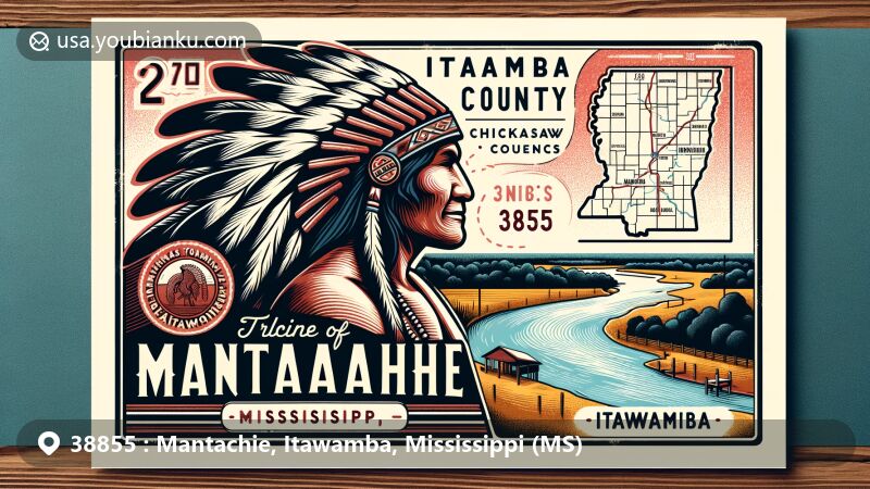 Modern illustration of Mantachie, Mississippi, showcasing Chickasaw chief Itawamba tribute, Itawamba County map, Mantachie Creek, vintage postage stamp with ZIP code 38855, and 'Mantachie, MS' postmark.