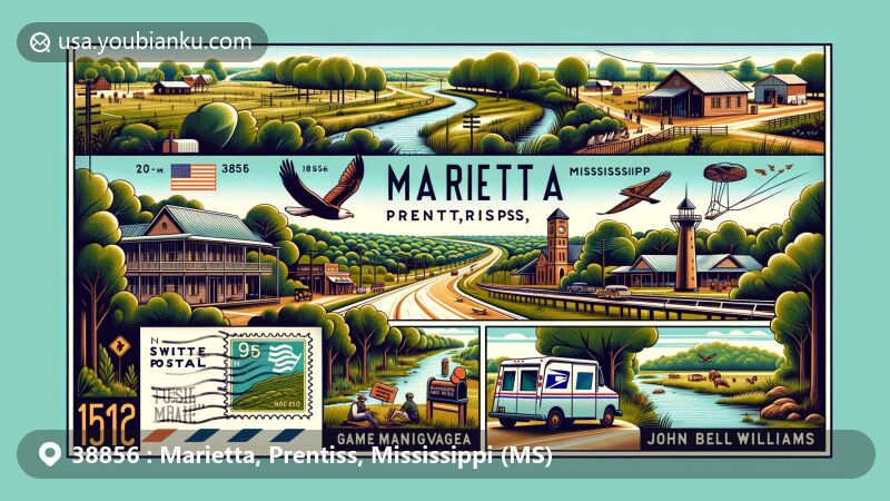 Modern illustration of Marietta, Prentiss County, Mississippi, featuring Natchez Trace Parkway and John Bell Williams Game Management Area, along with vintage postal elements and ZIP code 38856.