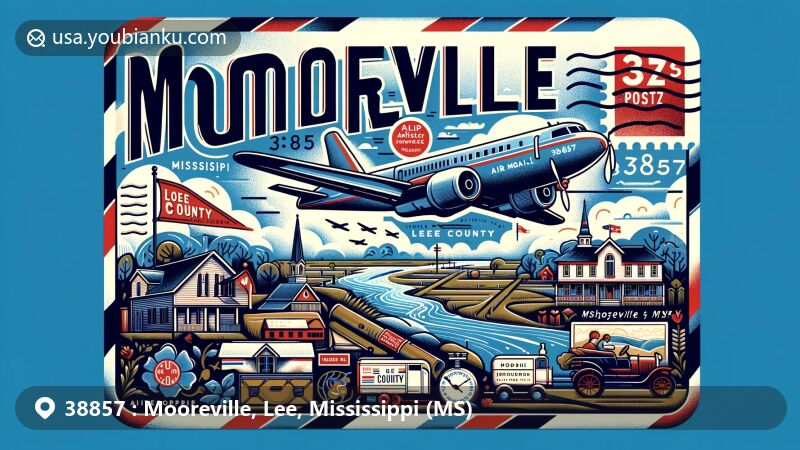 Modern illustration of Mooreville, Lee County, Mississippi, featuring air mail envelope with ZIP code 38857, showcasing local geography and landmarks, including Mississippi state flag and Lee County outline.