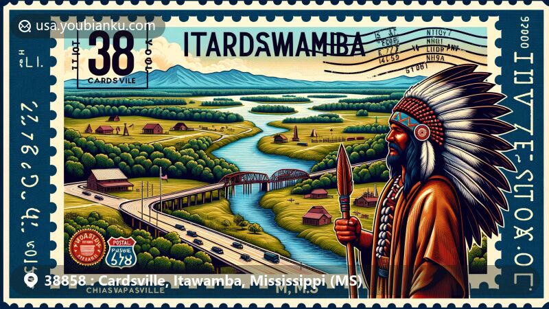 Modern illustration of Cardsville, Itawamba County, Mississippi, showcasing the 38858 ZIP code area with landscapes of land and water, major highways, and historical figure Itawamba, in vintage postcard style featuring postal stamps and Natchez Trace Parkway.