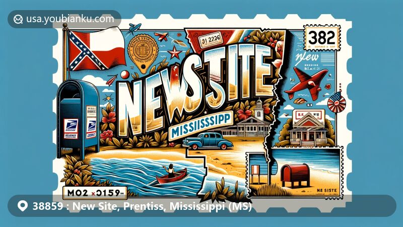 Modern illustration of New Site, Prentiss County, Mississippi, with ZIP Code 38859, featuring map outline, state flag, and Old Bridge Beach symbols, blended with postal elements.
