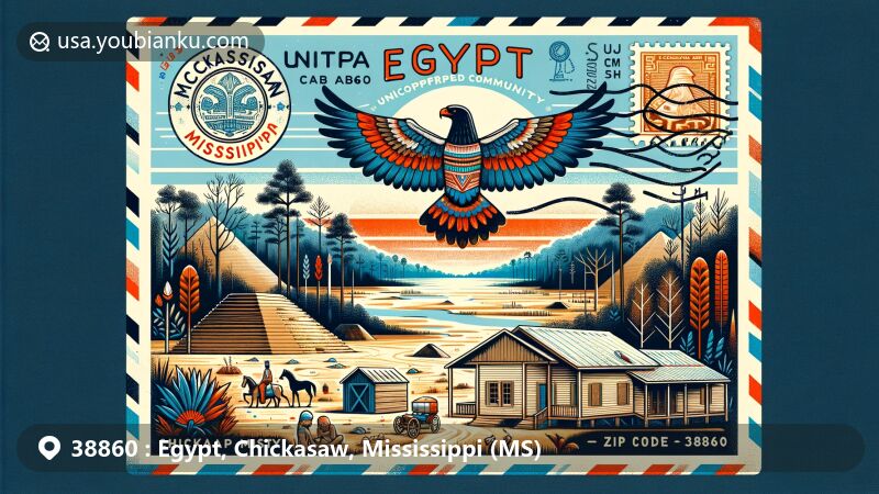 Modern illustration of Egypt, Chickasaw County, Mississippi, with ZIP code 38860, featuring historical and cultural elements of the Chickasaw people, including ancient mounds, forests, and Natchez Trace Parkway.