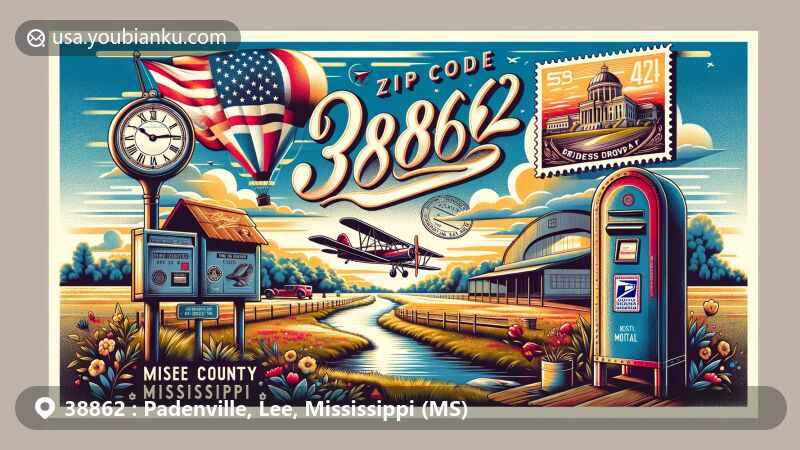 Modern illustration of Padenville, Lee County, Mississippi, for ZIP code 38862, featuring Natchez Trace Parkway and Brices Cross Roads National Battlefield Site.
