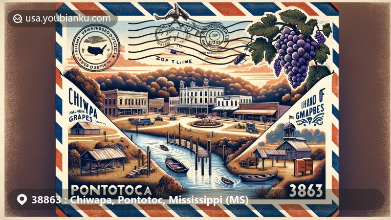 Modern illustration of Chiwapa and Pontotoc, Mississippi, showcasing postal theme with ZIP code 38863, featuring Town Square, Bodock Festival, Chiwapa Creek, and Mississippi state symbols.