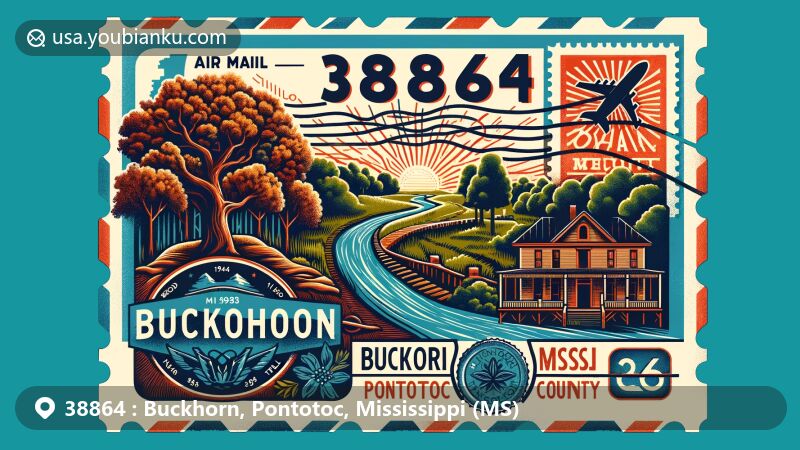 Modern illustration of Buckhorn, Pontotoc, Mississippi (MS), showcasing postal theme with ZIP code 38864, featuring Tanglefoot Trail, vintage stamp of Pontotoc County, Osage orange tree, Lochinvar mansion, and words '38864, Buckhorn, Pontotoc, MS'.
