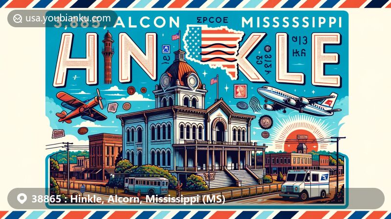 Modern illustration of Hinkle, Alcorn, Mississippi, featuring key landmarks like Downtown Corinth Historic District, Jacinto Courthouse, and Federal Siege Trench, integrated into a postcard theme with Mississippi's symbolic elements.