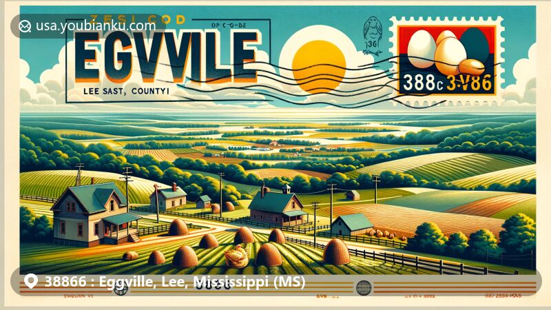 Modern illustration of Eggville, Lee County, Mississippi, depicting rural charm and egg production theme, with rolling hills, farmhouses, chicken coops, state symbols, and Natchez Trace Parkway.