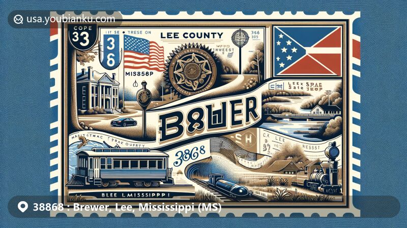 Vintage-style illustration of Brewer, Lee County, Mississippi, capturing ZIP code 38868, showcasing Natchez Trace Parkway, Mississippi state flag, and local flora and fauna, featuring classic postal elements like stamp and postmark.