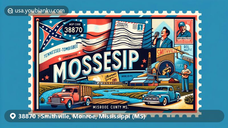 Contemporary illustration of Smithville, Monroe, Mississippi, highlighting ZIP code 38870, presenting a postcard or air mail envelope design with the Mississippi state flag, Monroe County map, Tennessee-Tombigbee Waterway, and a tribute to comedian Rod Brasfield. Includes postal elements like a stamp, postmark with ZIP code 38870, and a postal truck. Colorful and detailed representation of Smithville's cultural and geographical essence.