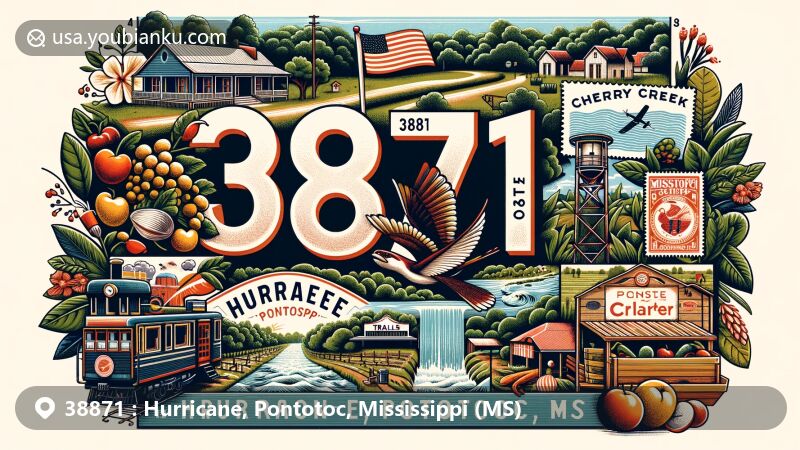 Modern illustration of Hurricane, Pontotoc area in Mississippi (MS) with Tanglefoot Trail, Dot Courson Studio, Cherry Creek Orchard, and vintage postal stamps, highlighting local landmarks and postal theme.