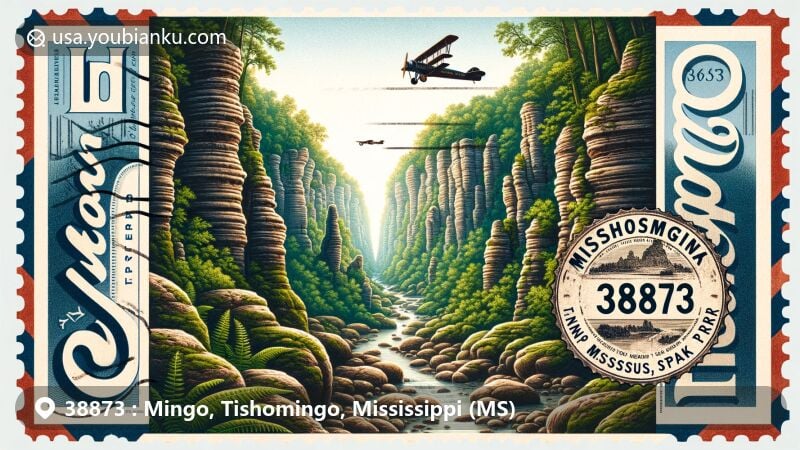 Modern illustration of Mingo, Tishomingo, Mississippi, showcasing Tishomingo State Park's geology, rock formations, and Natchez Trace Parkway, with vintage postal theme and ZIP code 38873.