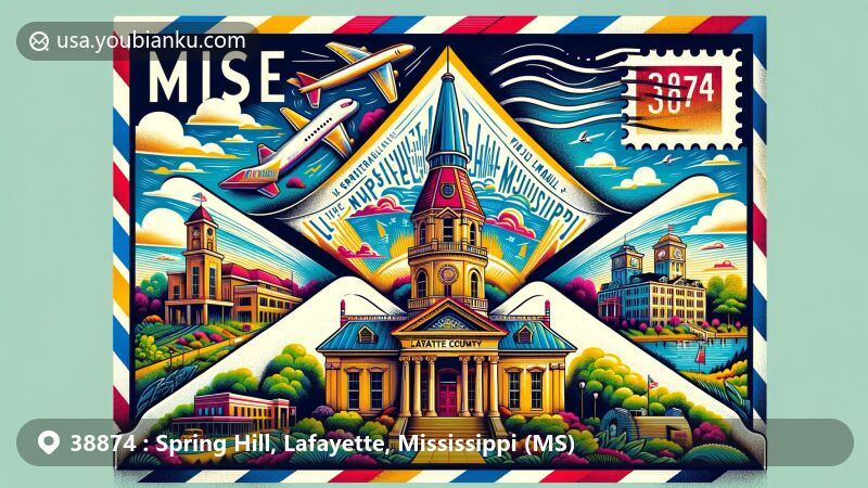 Illustration of Spring Hill, Lafayette County, Mississippi, highlighting postal theme with ZIP code 38874, featuring iconic landmarks like the William Faulkner House, Lafayette County Courthouse, and University of Mississippi's Lyceum-The Circle Historic District.