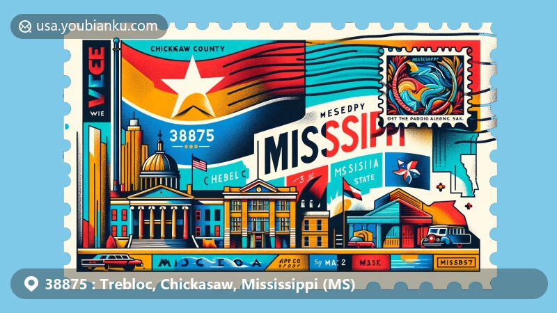 Modern illustration of Trebloc, Mississippi, showcasing postal theme with ZIP code 38875, featuring Mississippi state flag and key landmarks like Old Capitol Museum and Windsor Ruins.