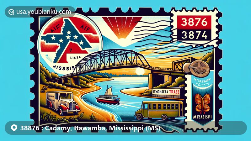 Modern illustration of Cadamy, Itawamba County, Mississippi, featuring iconic symbols and landscapes of the state, including Natchez Trace Parkway, Mississippi state flag, and Tombigbee River, with postal elements like vintage stamp and mail truck.