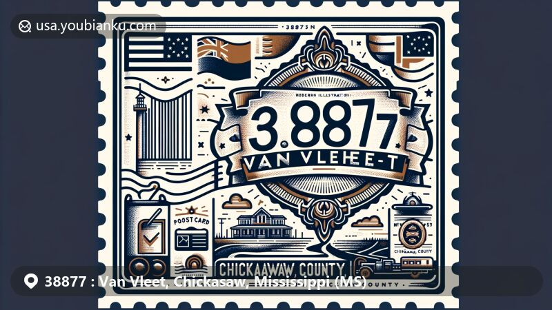 Modern illustration of Van Vleet, Mississippi, capturing the essence of ZIP code 38877 with state symbols and postal elements, set against a backdrop reminiscent of Chickasaw County map.