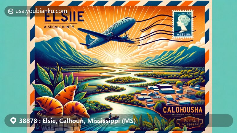Modern illustration representing Elsie, Calhoun County, Mississippi, combining postal motifs, showcasing Skuna and Yalobusha Rivers, key geographic features, amidst a vibrant landscape, reflecting natural beauty.