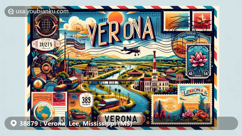Modern illustration of Verona, Lee County, Mississippi, showcasing postal theme with ZIP code 38879, featuring local landmarks and state symbols.