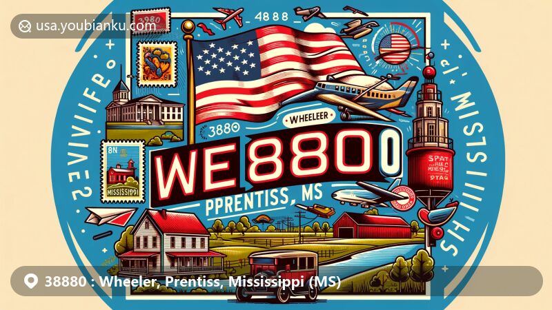 Modern illustration of Wheeler, Prentiss, Mississippi, highlighting ZIP code 38880, featuring state flag, Prentiss Institute, and postal elements, set against rural backdrop.