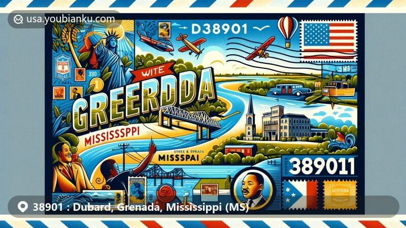 Modern illustration of Dubard, Grenada, Mississippi, with ZIP code 38901, showcasing vibrant postcard design with symbols of local history and geography, featuring Yalobusha River, Grenada Lake, civil rights icons, state flag, and postal elements.