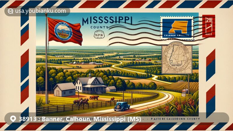 Modern illustration of Banner, Calhoun County, Mississippi, capturing postal heritage with ZIP code 38913, showcasing Mississippi Highway 9W and state flag.
