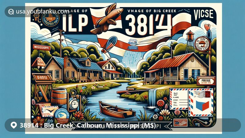 Modern illustration of Big Creek, Calhoun County, Mississippi, featuring ZIP code 38914, showcasing village charm with local geography, culture, and postal elements.