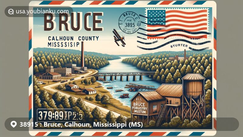 Unique illustration of Bruce, Calhoun County, Mississippi, featuring vintage airmail envelope with ZIP code 38915, showcasing Skuna River and Bruce Forestry Museum.