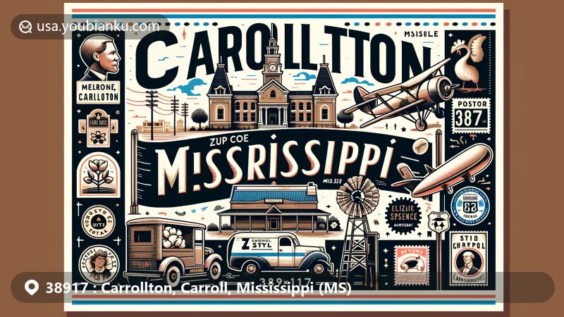 Modern illustration featuring the ZIP code 38917 for Carrollton, Mississippi, depicting a postcard design with historical & cultural landmarks like Merrill Museum and Court Square, celebrating the area's rich history in cotton agriculture and notable residents J.Z. George and Elizabeth Spencer.