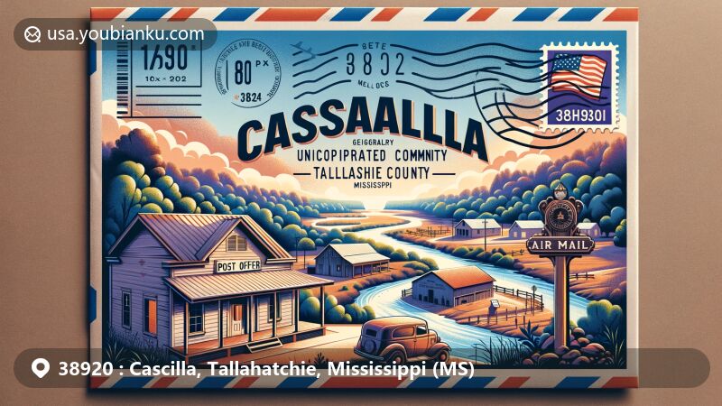 Modern illustration of Cascilla, Tallahatchie County, Mississippi, showcasing rural landscape with features like a general store and post office, incorporating Tallahatchie River and elements representing Choctaw heritage.