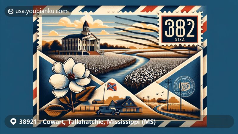 Modern illustration of Cowart, Tallahatchie County, Mississippi, featuring a vintage-style airmail envelope with ZIP code 38921, Tallahatchie River, cotton fields, Mississippi state flag, and Charleston Courthouse stamp.
