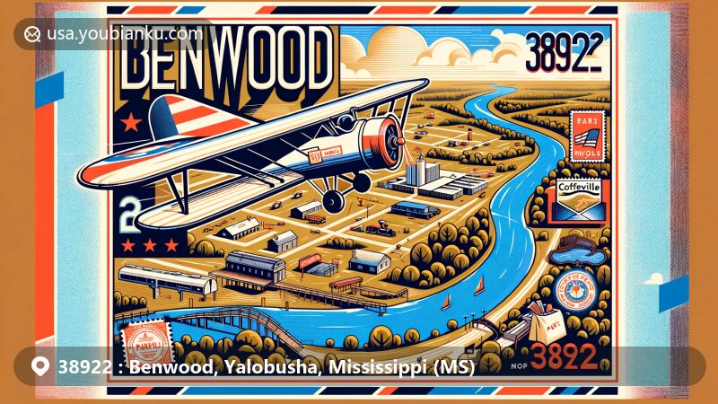 Modern illustration of Benwood area, Yalobusha County, Mississippi, highlighting postal theme with ZIP code 38922, featuring Coffeeville, Mississippi River, Battle of Coffeeville site, stamps, postmark, and local flora.