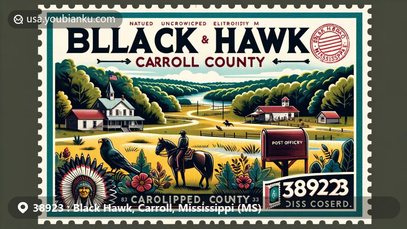 Modern illustration of Black Hawk, Carroll County, Mississippi, showcasing postal theme with ZIP code 38923, featuring natural landscapes and cultural landmarks.