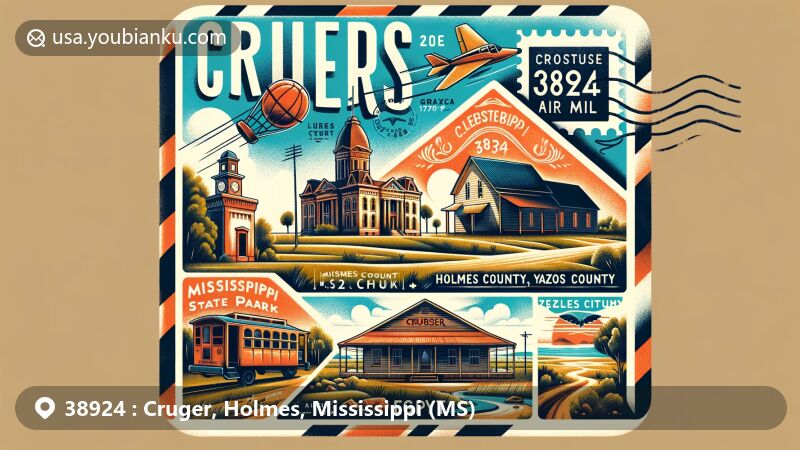 Modern illustration of Cruger, Holmes County, Mississippi, showcasing postal theme with ZIP code 38924, featuring landmarks like Holmes County Courthouse and State Park.