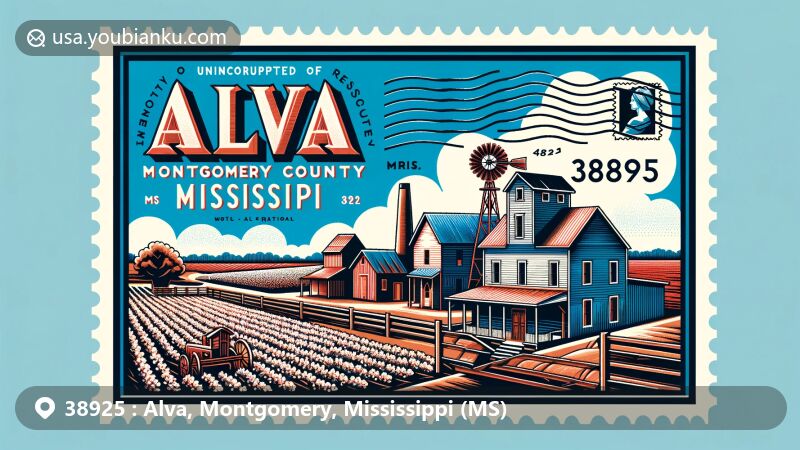 Modern illustration of Alva, Montgomery County, Mississippi, showcasing a vintage air mail theme with ZIP code 38925, featuring regional elements like a cotton gin and a church, and a classic American mailbox.