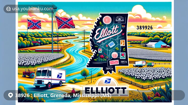 Modern illustration of Elliott, Grenada County, Mississippi, blending regional features with postal themes, showcasing Yalobusha River, cotton fields, postal elements, and Mississippi state flag.