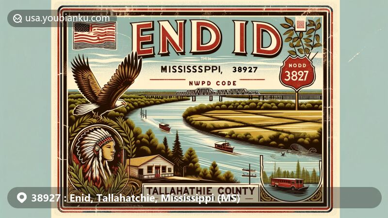 Vintage-style illustration of Enid, Mississippi, in ZIP code 38927, set in lush Tallahatchie County with Choctaw cultural motifs, showcasing the Tallahatchie River and quaint post office.