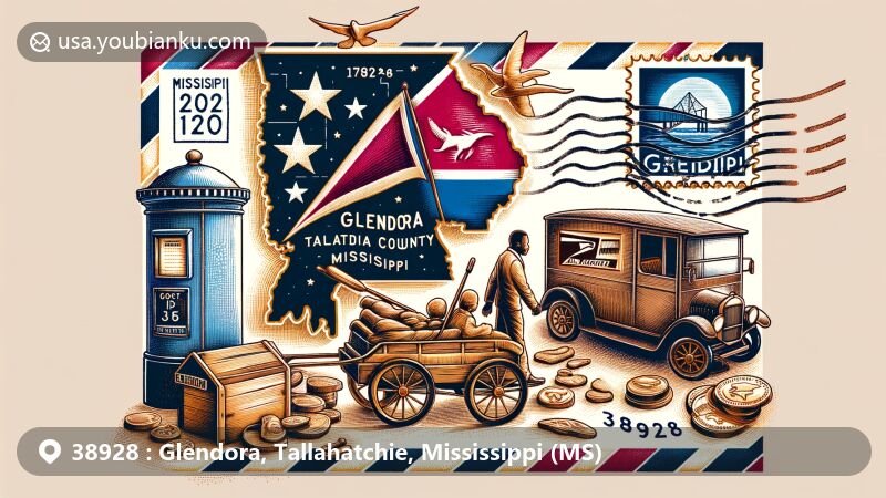 Modern illustration of Glendora, Tallahatchie County, Mississippi, highlighting postal theme with ZIP code 38928 and symbols representing Emmett Till's story and civil rights struggle.