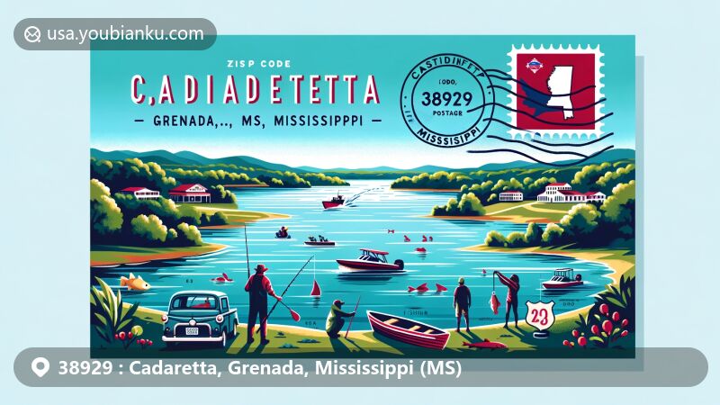 Vibrant illustration of Cadaretta, Grenada, Mississippi, featuring Grenada Lake as a hub for fishing, boating, and swimming, set amidst stunning natural scenery and modern postal design.