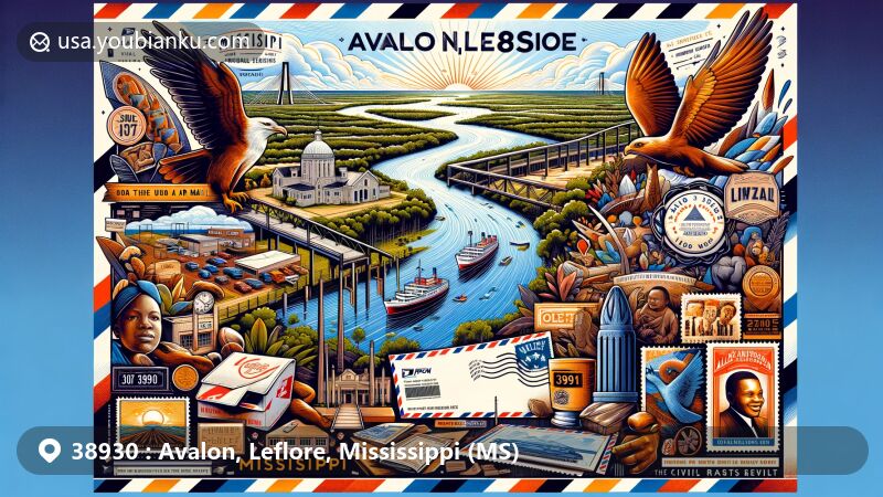 Modern illustration of Avalon, Leflore, Mississippi, showcasing the Mississippi Delta landscape, Yazoo River, and civil rights movement themes with vintage postal service symbols like air mail envelope, stamps, and postal mark.