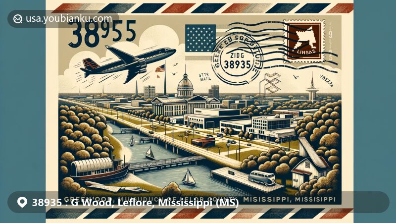 Modern illustration of Greenwood, Leflore County, Mississippi, highlighting postal theme with ZIP code 38935, featuring state flag, Leflore County map, Museum of the Mississippi Delta, Grand Boulevard, Robert Johnson stamp, and blues heritage.