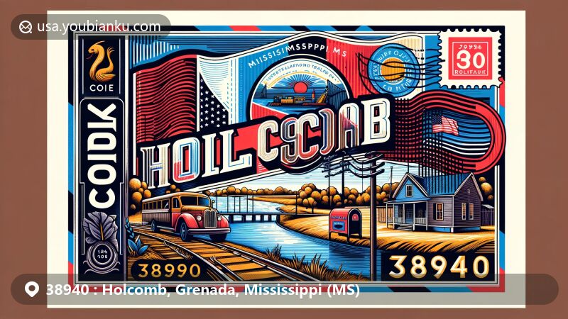 Modern illustration of Holcomb, Mississippi, highlighting postal theme with ZIP code 38940, featuring Yalobusha River and Mississippi state flag.