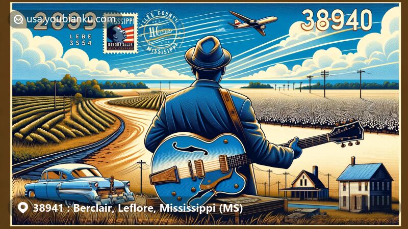Modern illustration of Berclair, Leflore County, Mississippi, blending postal elements with local landmarks in a wide-format design depicting the agricultural landscape, the Mississippi River, and a tribute to B.B. King's musical legacy.
