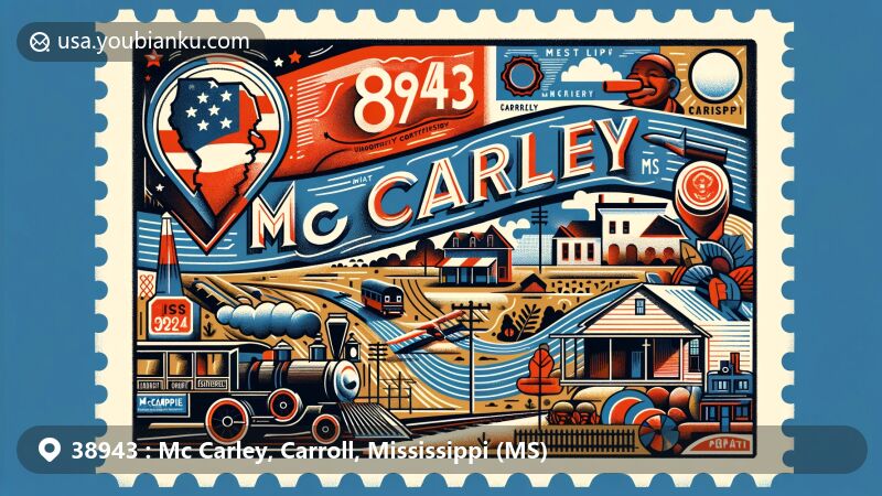 Modern illustration of McCarley, Mississippi, centered around postal theme for ZIP code 38943, featuring rural setting in Carroll County, vibrant colors, and African American community hints.