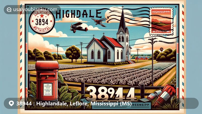 Creative illustration of Highlandale, Leflore County, Mississippi, themed around ZIP code 38944, featuring iconic First Methodist Church of Greenwood and scenic Mississippi Delta landscapes with cotton fields.