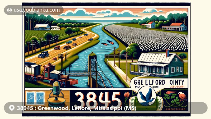 Modern illustration of Greenwood, Leflore County, Mississippi, representing ZIP code 38945, featuring regional and postal themes with cotton fields, rivers, blues music heritage, and Museum of the Mississippi Delta.