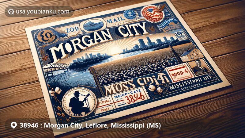 Modern illustration of Morgan City, Leflore County, Mississippi, featuring postal theme with ZIP code 38946, showcasing Yazoo River, blues music heritage, and lush Delta landscape, symbolizing communication and connection.