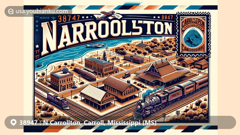 Modern illustration of N Carrollton, Carroll, Mississippi, featuring postal code 38947, showcasing historical origins around train tracks and vintage depot, with nods to horse and mule trading legacy.